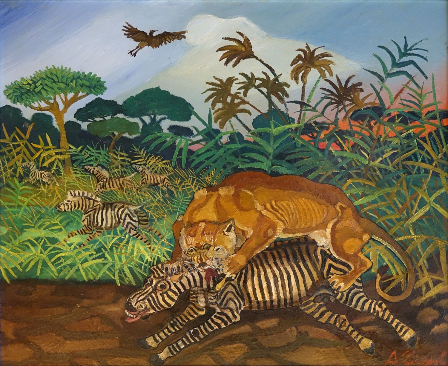 2) Antonio Ligabue, Leonessa con zebra, 1959 - 1960, olio su tavola di faesite, collezione BPER Banca