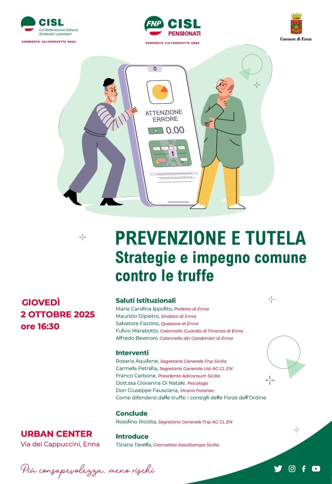 Locandina “Prevenzione e tutela. Strategie e impegno comune contro le truffe”