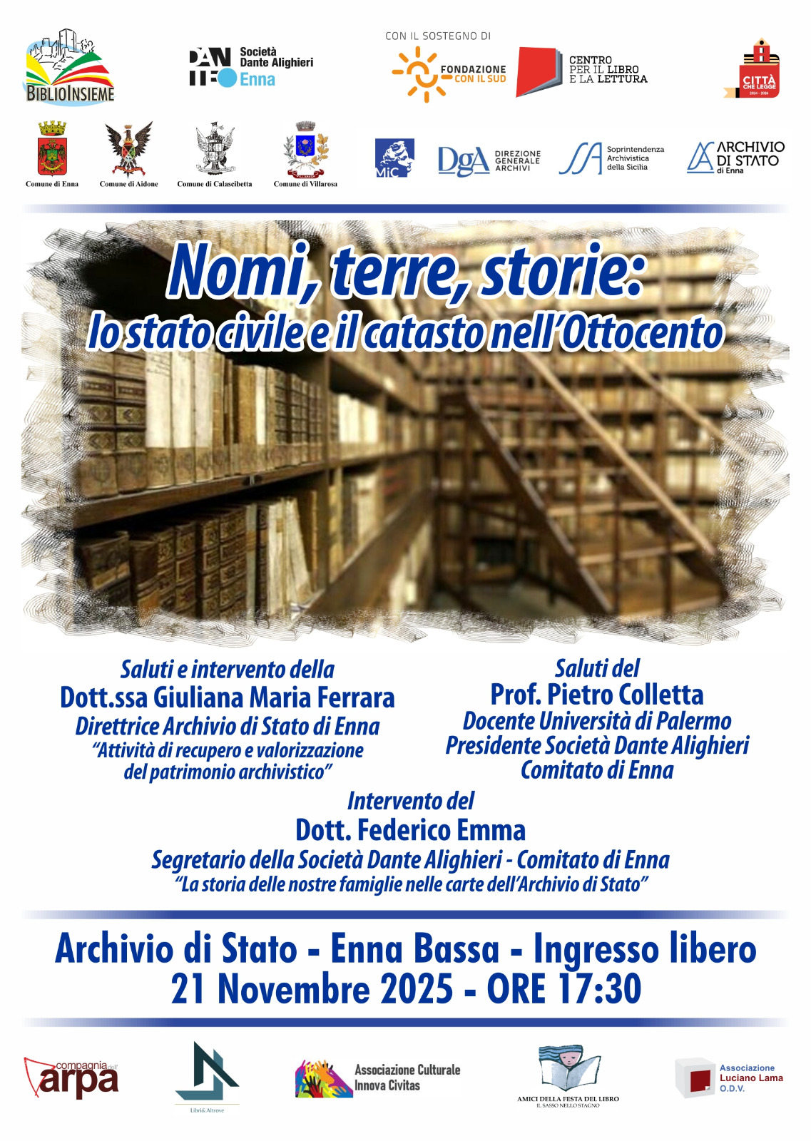 Locandina Nomi, terre, storie lo stato civile e il catasto nell’Ottocento