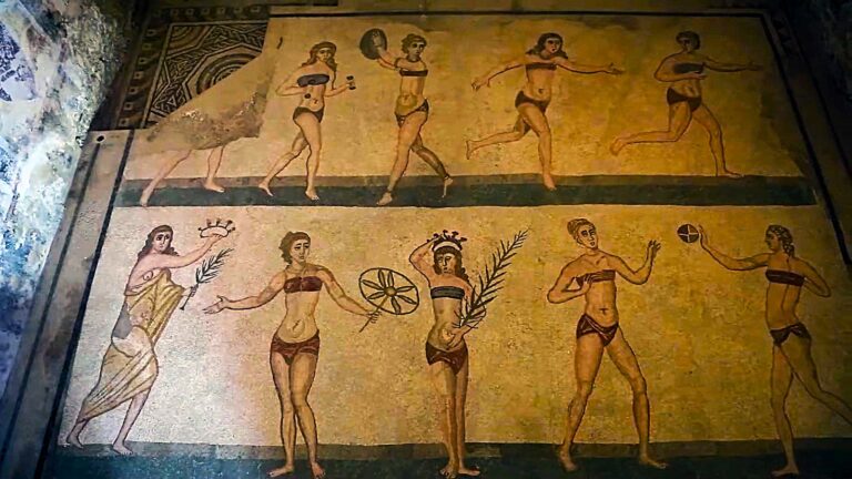 a) Le palestrite in due pezzi raffigurate nel celebre mosaico di Piazza Armerina